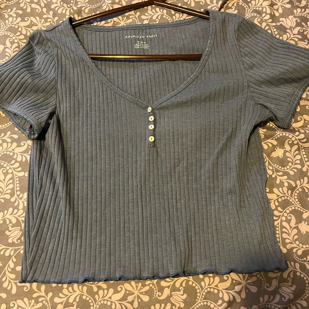American Eagle Outfitters Women's Ribbed Blue Tee